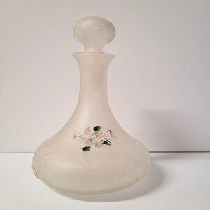 Decanter Frosted Satin Vintage Vanity Bottle Stopper Hand Painted Glass 9'' T